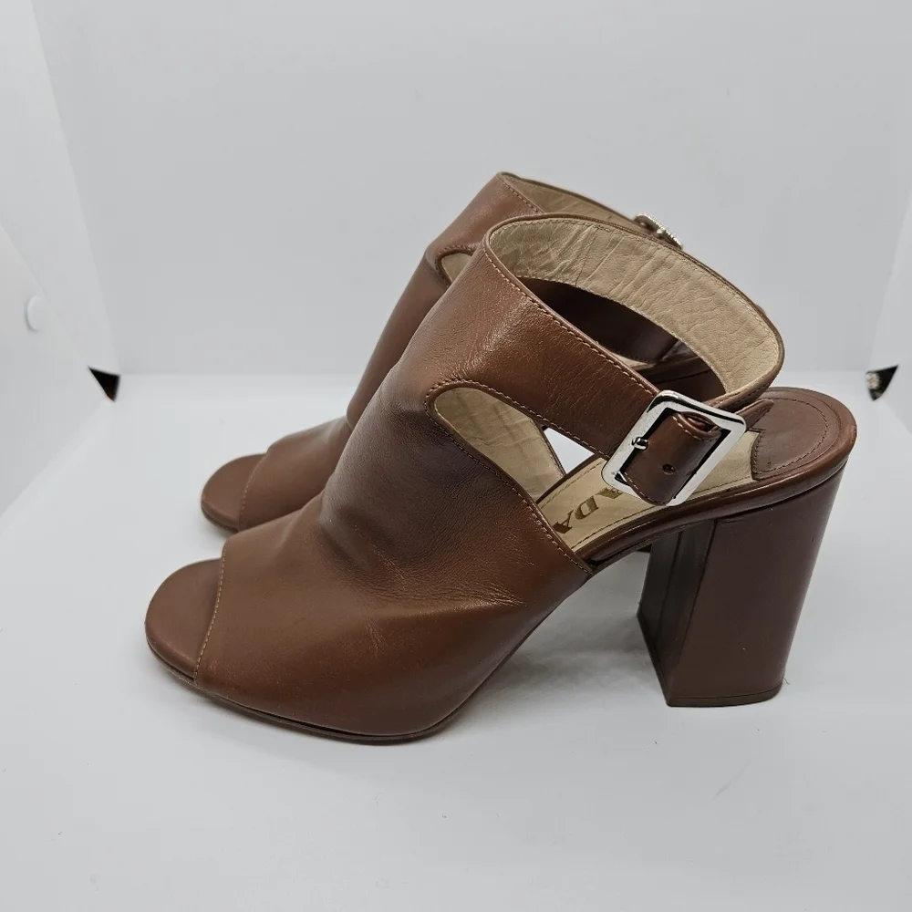 Prada brown leather peeptoe ankle wrap heel booties EU 38